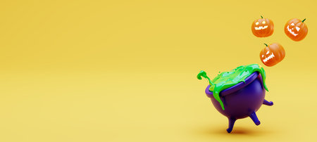 Happy Halloween banner in a modern 3d style, copy space. Pumpkins for Halloween and a witch's cauldron on a yellow background, a banner for advertising. 3d rendering illustration.の写真素材