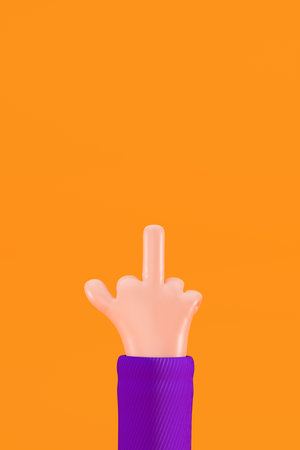 Cartoon hand shows the middle finger, 3d render. Fuck you hand sign isolated on an orange background. Cartoon character hand gesture, 3d illustration.の写真素材