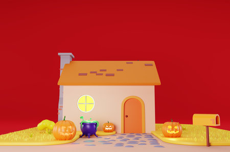 Decorated cartoon house for Halloween, on a red background. The porch of the house is decorated for Halloween. Pumpkin Jack O Lanterns in the yard of the house, 3d renderの写真素材