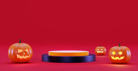 Halloween background with a podium for product presentation, 3d render. Pumpkins and a pedestal on a red background. 3d illustration.の写真素材