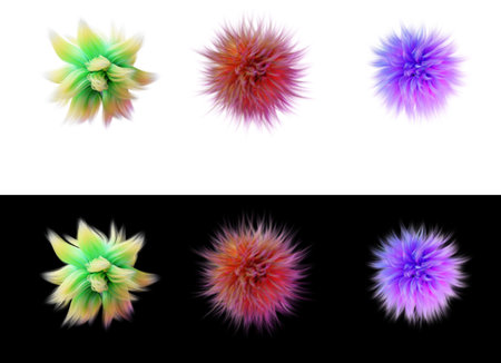 Colorful fluffy balls isolated on a white and black background. Fluffy abstract background, 3d illustration. Shaggy round clots. Rainbow fur balls, 3d render.の写真素材