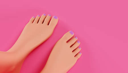Female feet, top view. Women's legs with a pedicure, on a pink background, a concept of foot care, 3d renderの写真素材