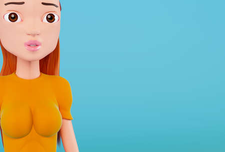 3d cartoon face of a young woman, close-up. Smiling realistic 3d woman with white teeth, on a blue background. Concept of dentistry or plastic surgery. 3d render.の写真素材