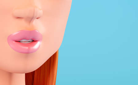 3d cartoon face of a young woman, close-up. Smiling realistic 3d woman with white teeth, on a blue background. Concept of dentistry or plastic surgery. 3d renderの写真素材