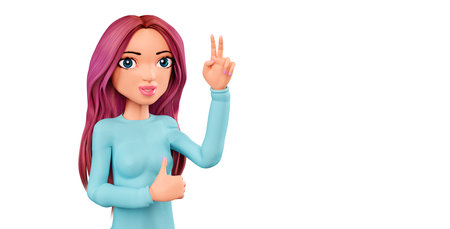Funny 3D character, showing thumb up. Portrait of a cheerful 3d woman, isolated on a white background. Positive cartoon girl showing victory fingers sign, 3d renderの写真素材