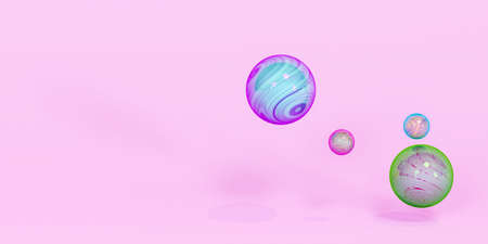 Glass multicolored iridescent spheres, 3d render. Abstract background. Iridescent glowing spheres, on a pink background. Fashionable banner design.の写真素材