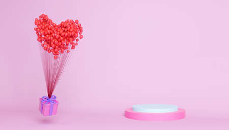 Balloons, gift box and podium for product presentation, 3d render. The flying gift box is lifted by...
