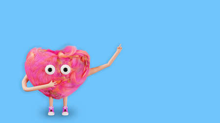 Funny cartoon character "heart" points with his hand. Smiling heart banner for Valentine's Day, 3d render.の写真素材