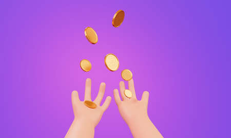 Cartoon hands and falling bitcoin coins, 3d render. Bitcoin Mining Concept
