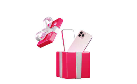 Phone in a gift box, 3d rendering. The layout of a modern smartphone, isolated on a white...