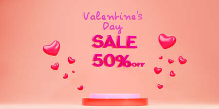 Discounts banner for Valentine's Day, 50% off. Advertising poster with hearts and a podium for the presentation of the product. 3d render on a pastel cream backgroundの写真素材