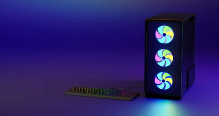 Gaming keyboard with RGB light and PC case,copy space. game space. 3d rendering