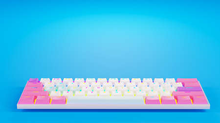 Cartoon keyboard with pink keys and backlight, on a blue background. White gaming keyboard with RGB light, 3d render, copy spaceの写真素材