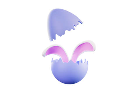 Broken egg and rabbit ears, 3d render. Rabbit ears sticking out of a broken egg. Design element for a happy Easter, isolated on a white background.の写真素材