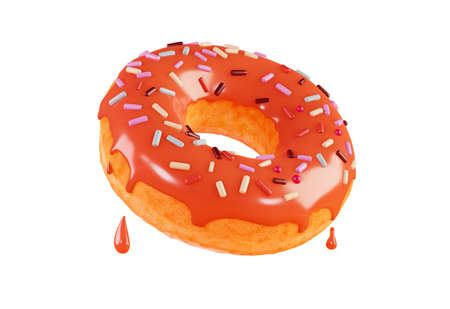 Delicious donut in orange glaze, 3d render. Orange donut with splashes, isolated on a white background. Summer menu for a bakery or cafe.の写真素材