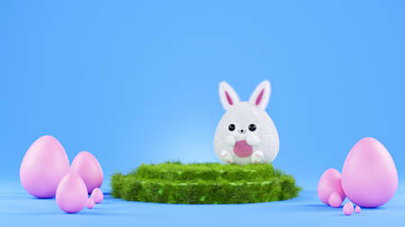 Funny Easter bunny, Easter eggs and podium, 3d render. Happy Easter banner, copy space. The concept...