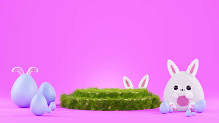 Happy Easter banner, 3d render. Cartoon cute rabbit, bunny ears and eggs. Easter pedestal covered...
