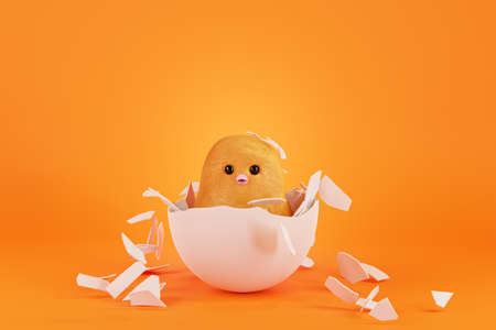 Easter chicken hatched from an egg, 3d render. Newborn chick hatches from an egg, on a yellow background. Happy Easter banner, copy space.の写真素材