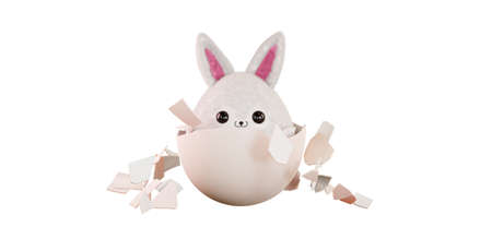 Easter bunny hiding in an egg, 3d render. Rabbit is sitting in a broken egg, isolated on a white...