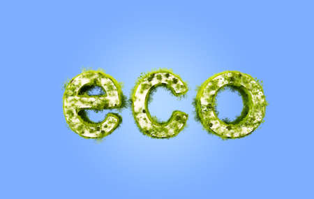 Inscription Eco is overgrown with grass. The word Eco covered with grass, 3d render. concept of ecologyの写真素材
