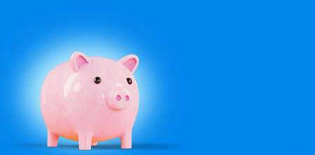 Piggy bank, on a blue background. 3d rendering. Concept of saving money, banner. Pink shiny piggy bank, copy space.の写真素材