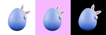 Rabbit hiding behind an Easter egg, 3d render. Plush bunny ears and egg isolated on a white background. Concept of Easter egg hunting, 3d illustration.の写真素材