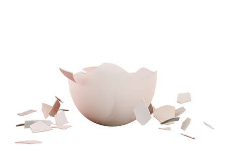 Broken eggs into pieces, 3d render. Cracked chicken egg isolated on a white backgroundの写真素材