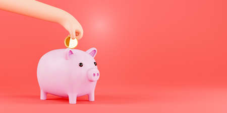 Cartoon hand puts a coin in a piggy bank, 3d render. Concept of saving money, banner. Pink piggy bank.の写真素材