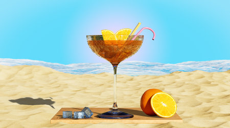 Concept of a beach party with cocktails. Cocktail glass covered with drops, orange slices and ice cubes on the background of a tropical beachの写真素材