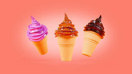 Set of ice cream on a pastel pink background. Ice cream in a waffle cone with chocolate, caramel and...