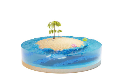 Section of water and an island with palm trees, isolated on a white background. Piece of a round...