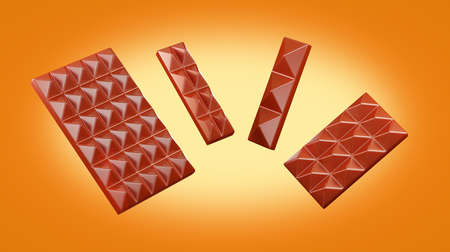 Chocolate bar on yellow background. Set of milk chocolate. Realistic triangular chocolate slices, 3d...