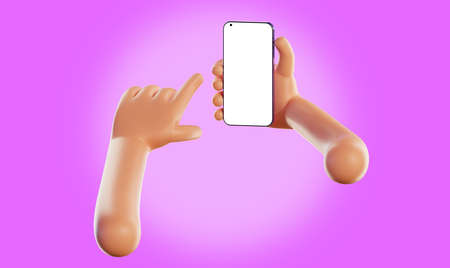Cartoon hands holding a smartphone with white empty screen. Hands holding a mobile phone and...