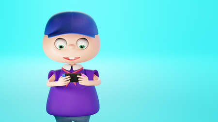 cartoon character is playing a portable console. Boy plays a video game, 3d render.