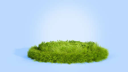 Grass podium, on a blue background. Grass circle, copy space. 3d renderingの写真素材