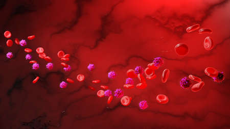 Blood cells and lymphocytes on the background of veins. Human body blood cells, 3d rendering. Concept of medicine, microbiology or leukemia.の写真素材