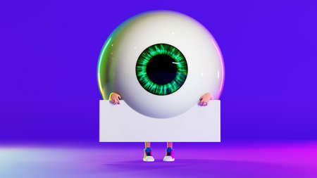 Cartoon eyeball, 3d render. Characters eye holds an empty sign with space for text. Concept of ophthalmology or Halloween.の写真素材
