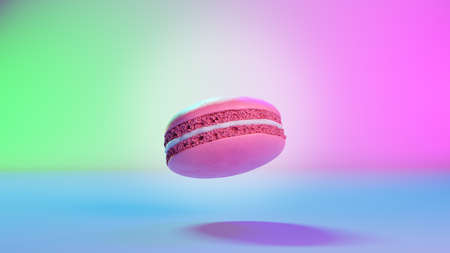 Flying macaroon, 3d render. Pink macaroons levitating in the air, on a neon background. banner for bakeryの写真素材