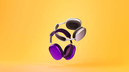 Stylish headphones on a yellow background. 3d illustration. Realistic modern headphones, 3d renderingの写真素材