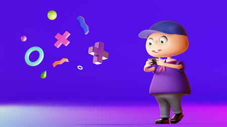 Funny cartoon boy playing a video game, 3d rendering. Cartoon character is playing on a portable console, on a neon background.の写真素材