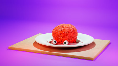 Scary Halloween dinner party with a human brain with eyeballs, 3d render. Creepy Halloween Dish on a purple background. Brain with blood, happy Halloween concept.の写真素材