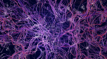 Brain connections, synapse, medical illustration under a microscope. Neurons and veins, 3d...