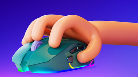 Computer mouse and hand, 3d render. Cartoon character holding a PC mouse, close-up. modern gaming accessories.の写真素材