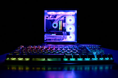 Gaming keyboard with RGB light and powerful gaming PC in the background, blur. Colorful keyboard in neon light. Concept of esports, gaming or streaming. Gamer's workspace, soft focusの写真素材