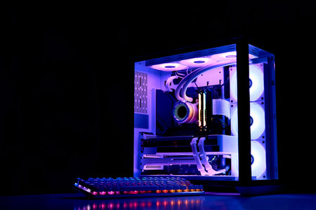 Gaming PC with rainbow LED light. liquid cooled computer. Powerful PC in a glass case with keyboard....