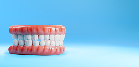 Model of teeth and gums, side view. Realistic human jaw with gums and teeth, on a blue background....