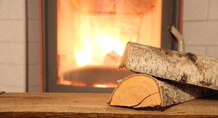 A wood-burning stove with pellets and wood