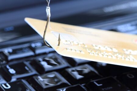A credit card on the fishing hook on a laptopの写真素材