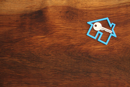 an old oak board with a blue house as a symbolの写真素材