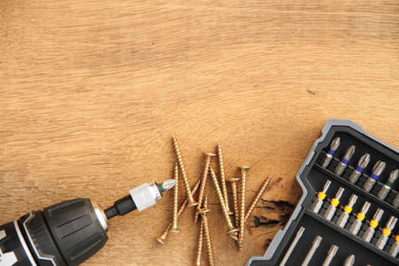 cordless screwdriver on a workbenchの写真素材